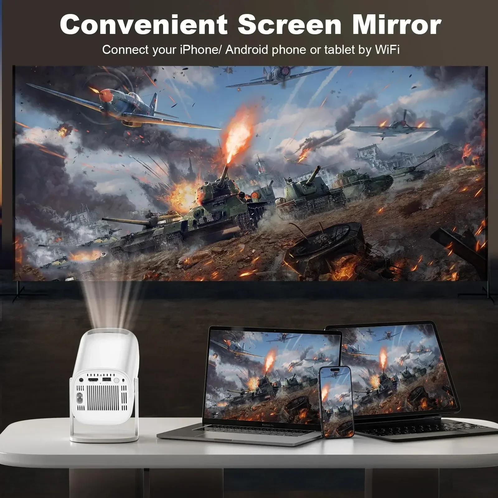 (White) Smart Mini Projector Android WiFi Bluetooth Portable Projector Beamer Support USB 4K HDMI 1080P Home Cinema Theater Video Outdoor Projetor Auto Correction