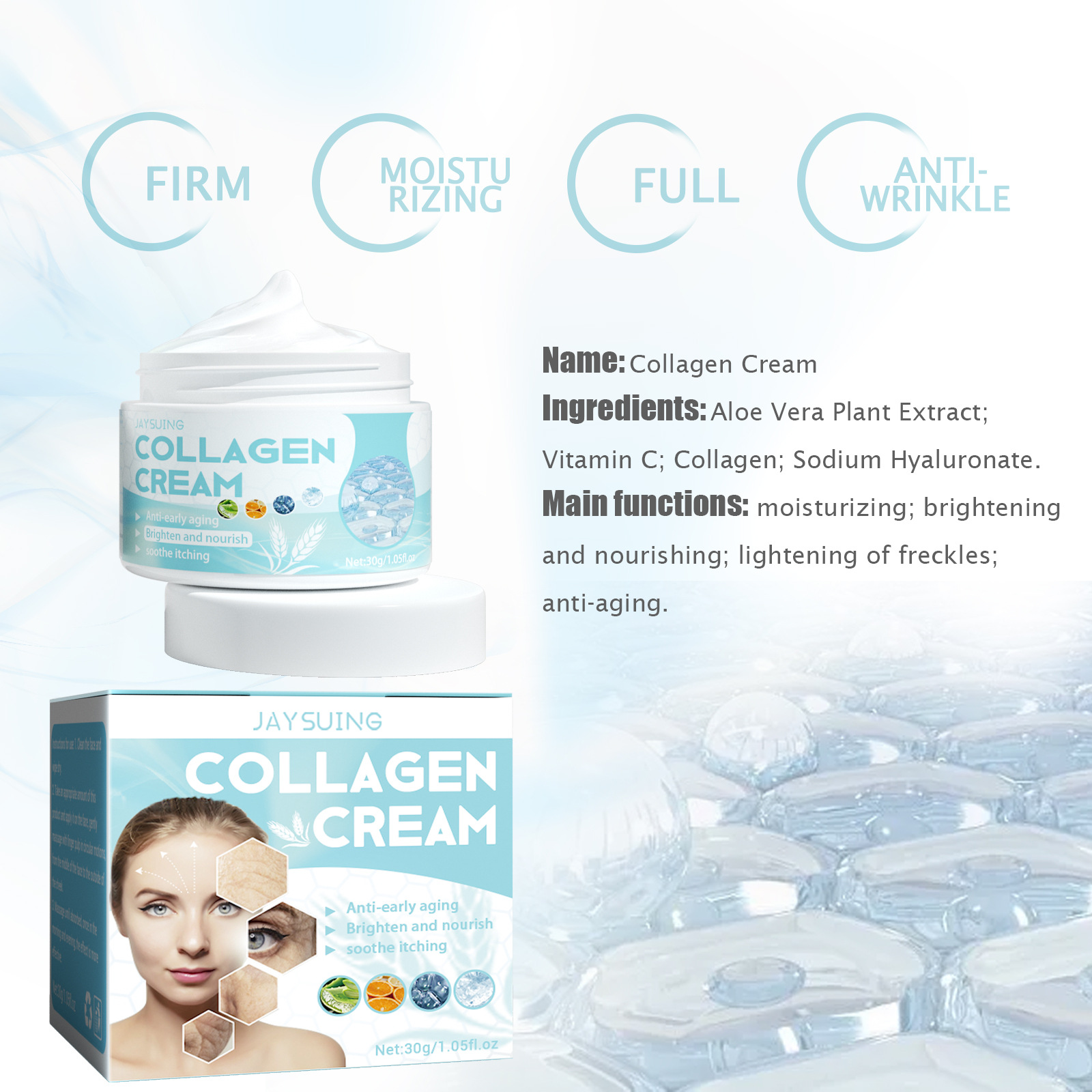 Collagen Face Cream Anti Aging Wrinkle Fine Lines Remover Firming Improve Dullness Nourishing Moisturizing Brightening Whitening Skin Smooth Lotion Cream