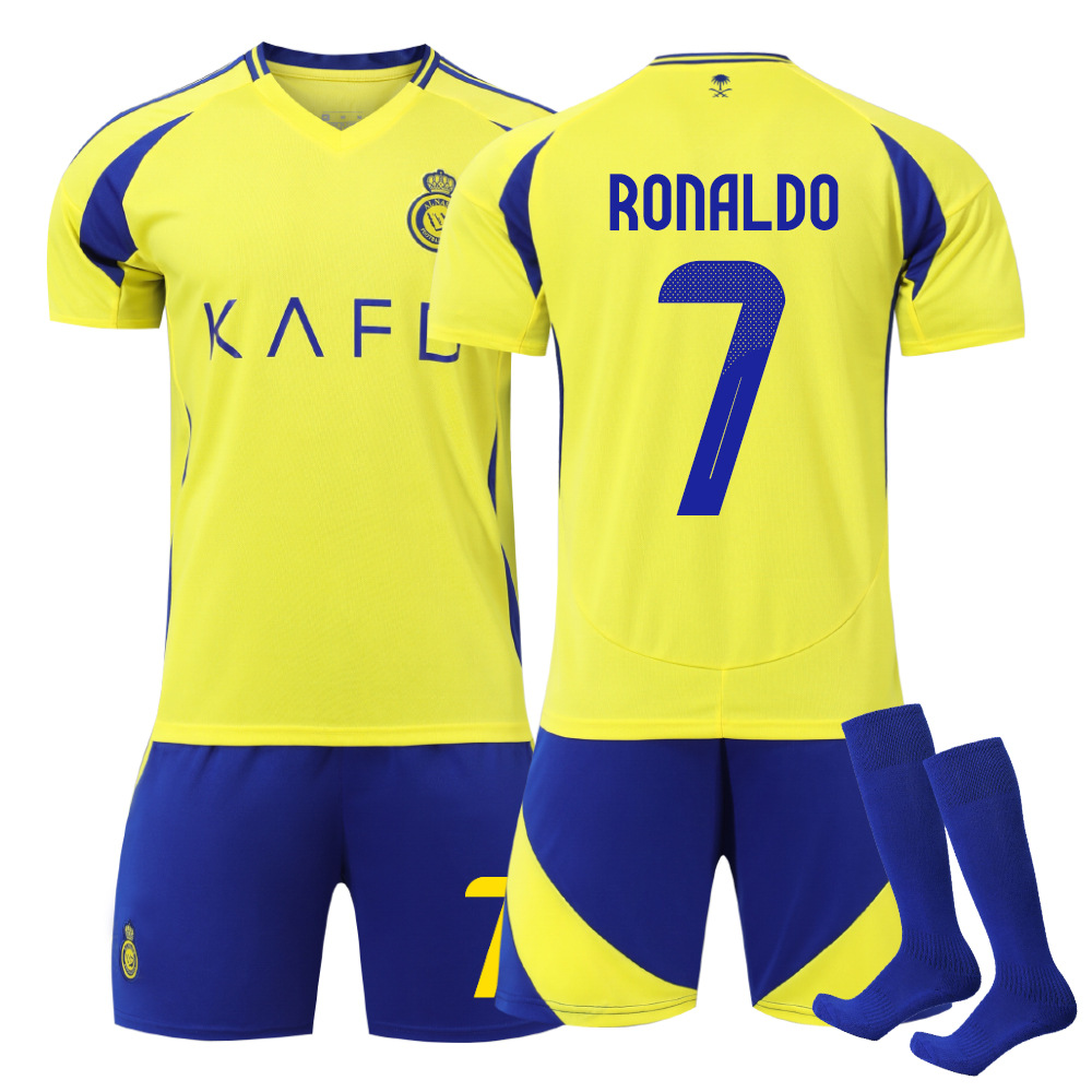 (Kids 16) 2425 No.7 Ronaldo Al Nassr Riyadh Victory Home Football Soccer Jersey Shorts Socks Gift Set Football Kit Boys Fans Youth Sizes