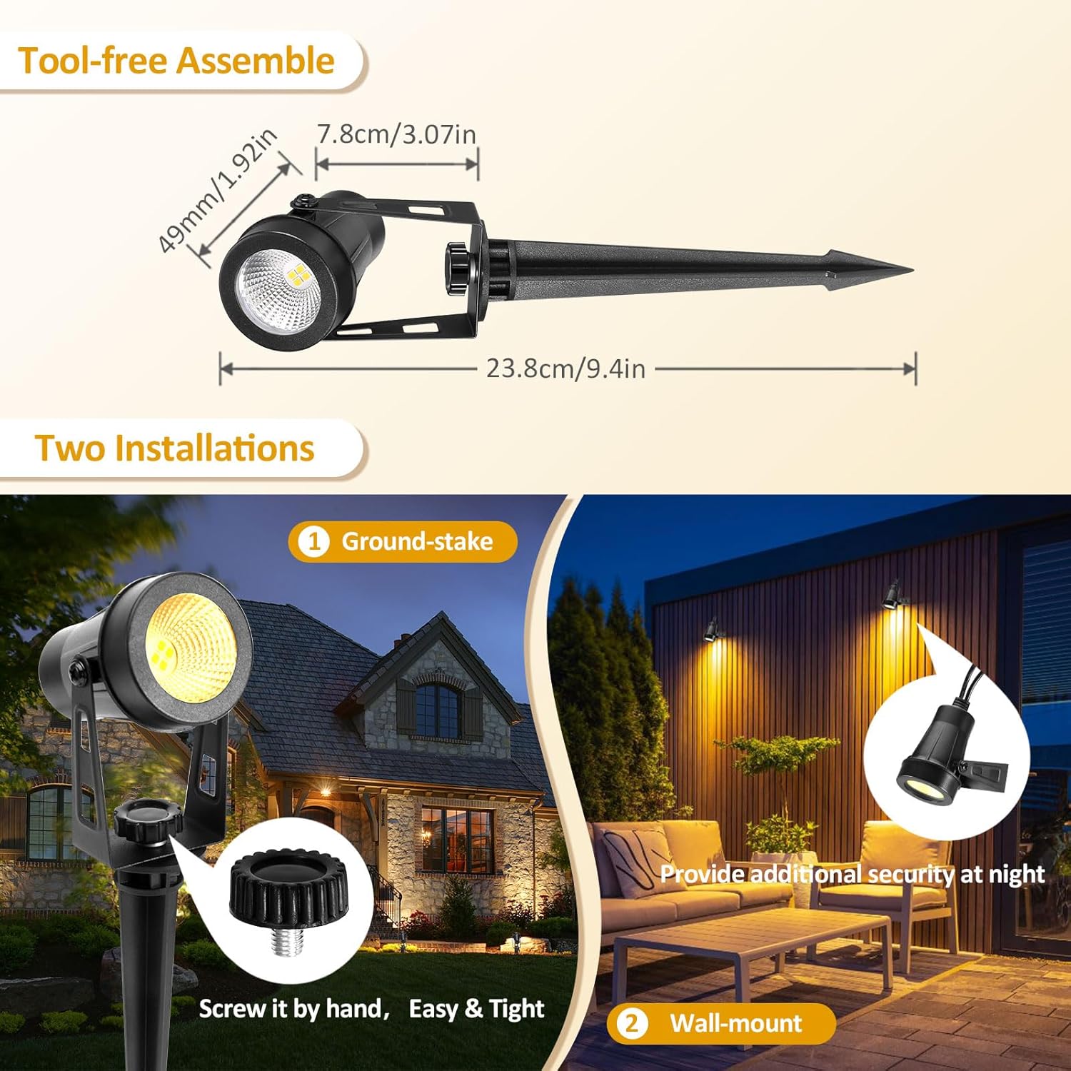 (2 PCS)  Garden Spotlights Mains Extendable Outdoor Spike Lights 12V LED Pathway Lighting IP65 Waterproof Electric Garden Uplighter for Path Yard Patio Warm White