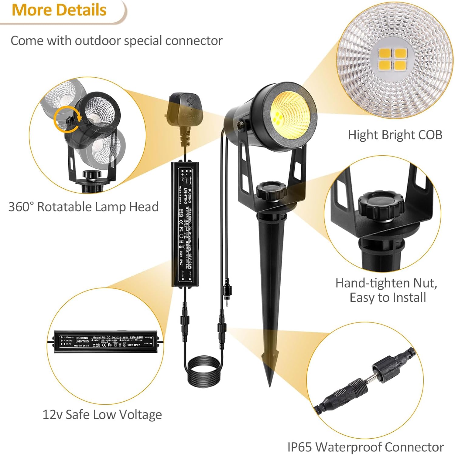 (2 PCS)  Garden Spotlights Mains Extendable Outdoor Spike Lights 12V LED Pathway Lighting IP65 Waterproof Electric Garden Uplighter for Path Yard Patio Warm White