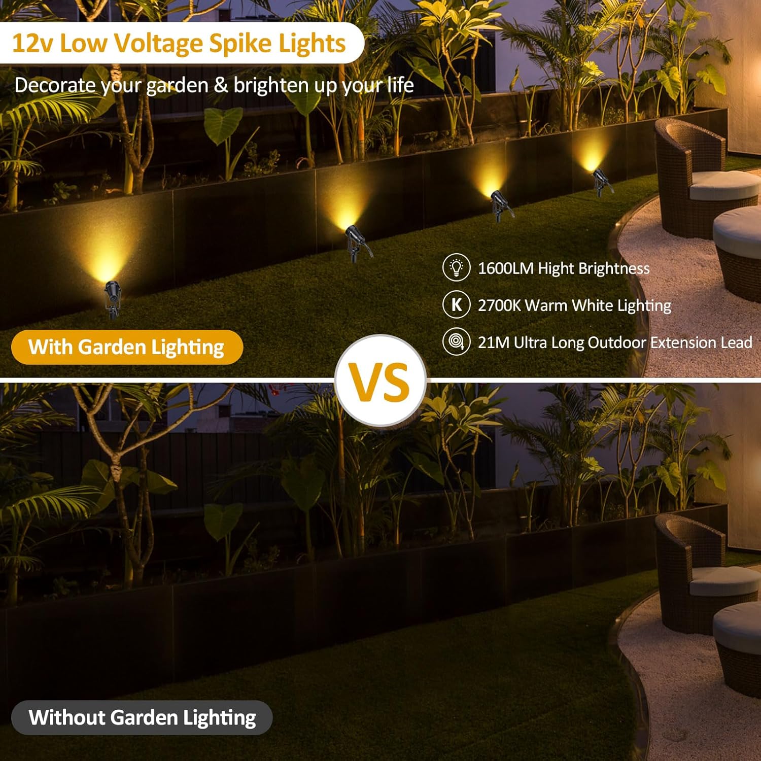 (2 PCS)  Garden Spotlights Mains Extendable Outdoor Spike Lights 12V LED Pathway Lighting IP65 Waterproof Electric Garden Uplighter for Path Yard Patio Warm White