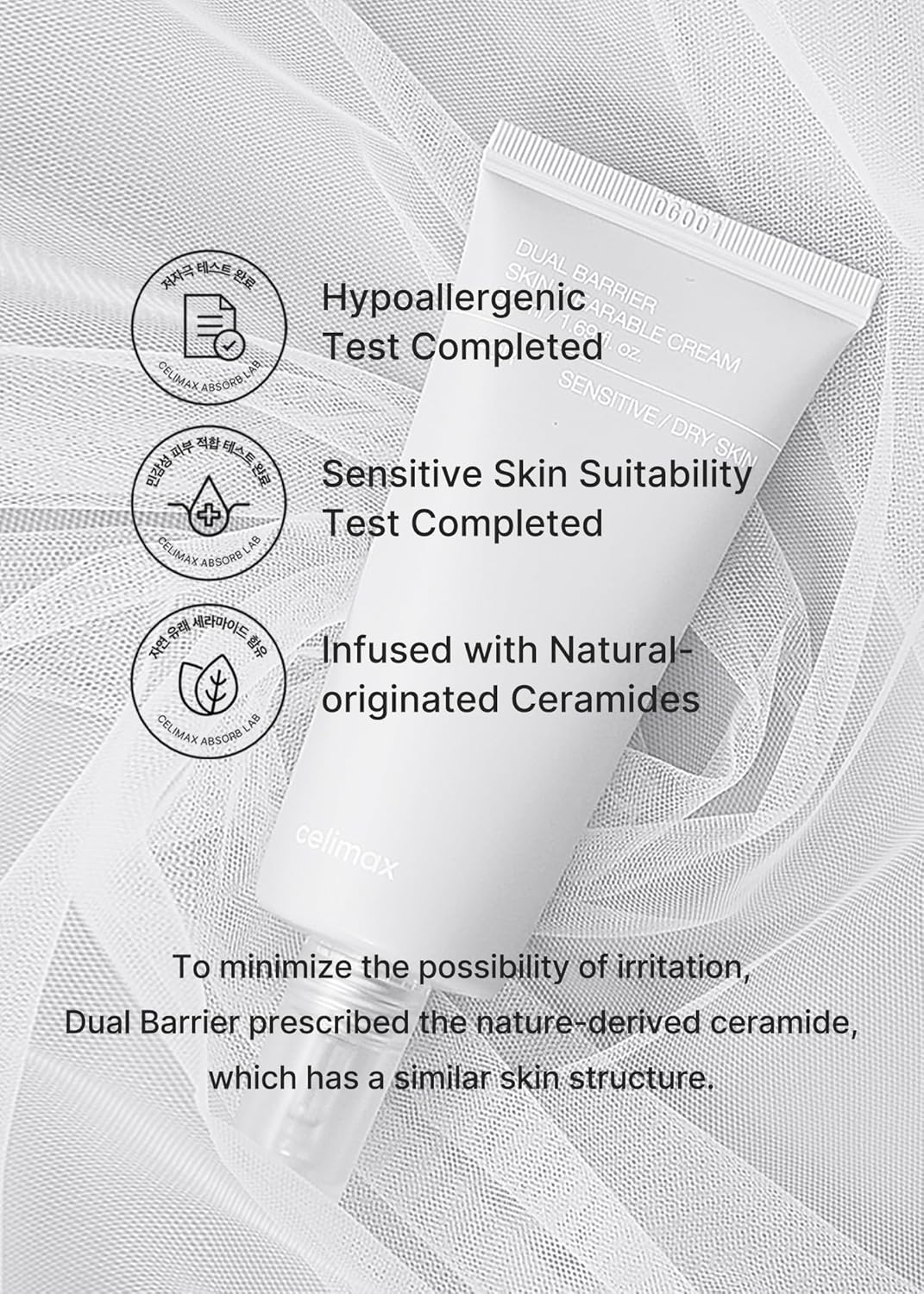 celimax Dual Barrier Skin Wearable Cream Long Lasting Cream Face Moisturizer with Ceramides Hyaluronic Acid Hydrating Soothing Repairing Day Night Cream 50ml