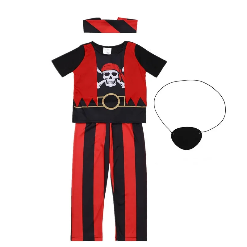 (S) 10PC Boys Pirate Costume Set with Skull Print Striped Shirt Pants Halloween Cosplay Outfit and Toy Gift Accessories