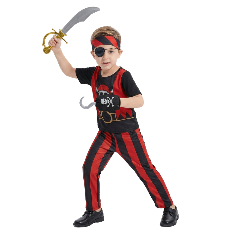 (S) 10PC Boys Pirate Costume Set with Skull Print Striped Shirt Pants Halloween Cosplay Outfit and Toy Gift Accessories