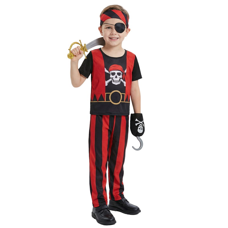 (S) 10PC Boys Pirate Costume Set with Skull Print Striped Shirt Pants Halloween Cosplay Outfit and Toy Gift Accessories