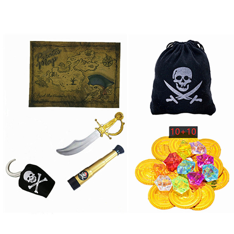 (S) 10PC Boys Pirate Costume Set with Skull Print Striped Shirt Pants Halloween Cosplay Outfit and Toy Gift Accessories