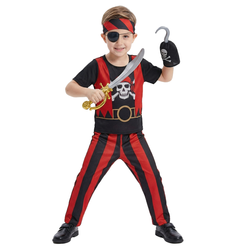 (S) 10PC Boys Pirate Costume Set with Skull Print Striped Shirt Pants Halloween Cosplay Outfit and Toy Gift Accessories