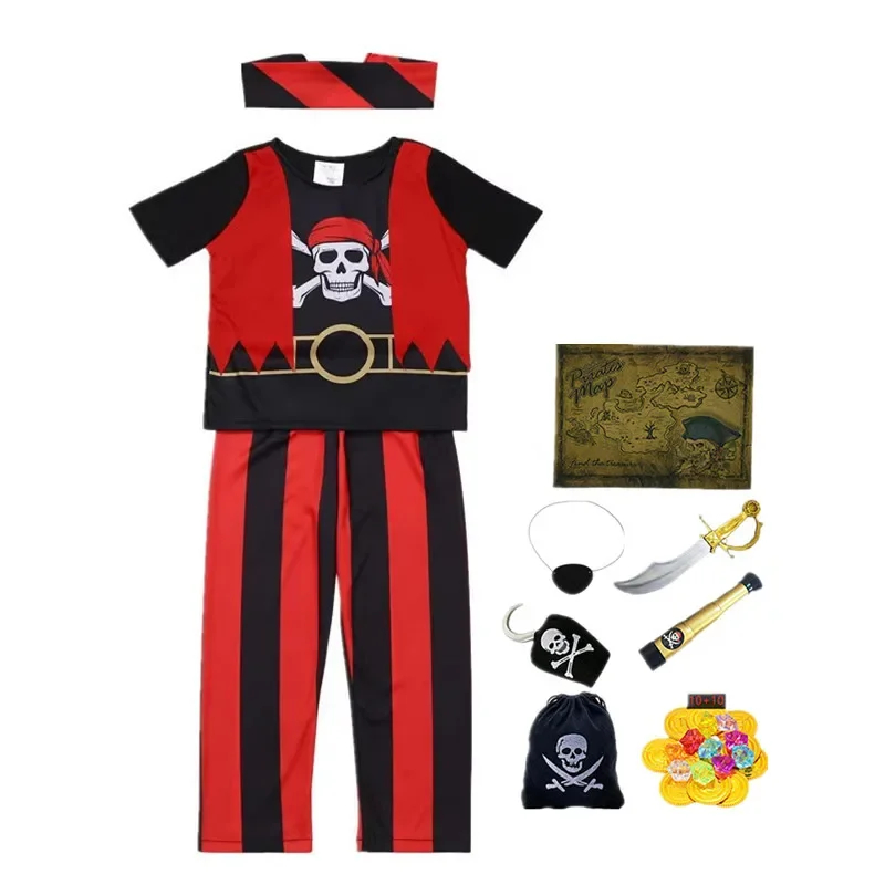(S) 10PC Boys Pirate Costume Set with Skull Print Striped Shirt Pants Halloween Cosplay Outfit and Toy Gift Accessories