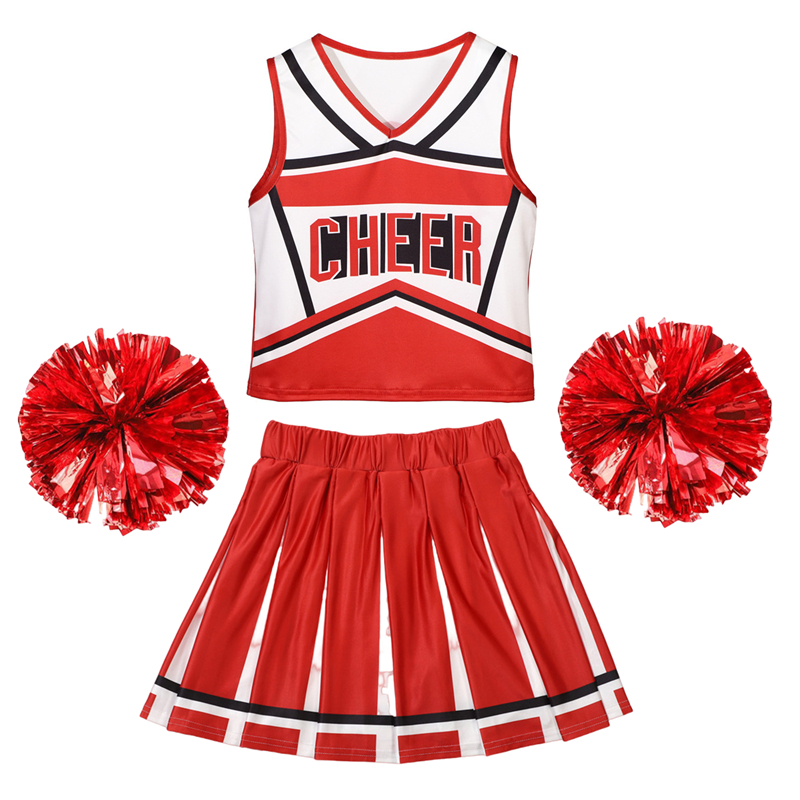 (140CM) 3-12Y Girls Tank Top Cheerleader Skirt Suit Letter Printed Slim Dresses Fancy Sportswear Holiday Cosplay Groupway Suit Red White