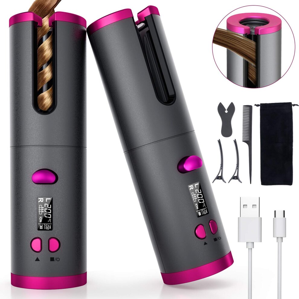 Fezax Cordless Auto Hair Curler, Automatic Curling Iron with LCD Display Adjustable Temp