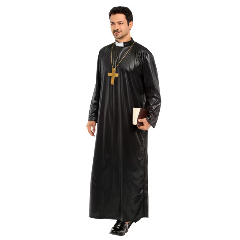 (165~175cm) Adult Mens Vicar Fancy Dress Halloween Costume Holy Priest Reverend Costume Stag Night Dress Up Outfit
