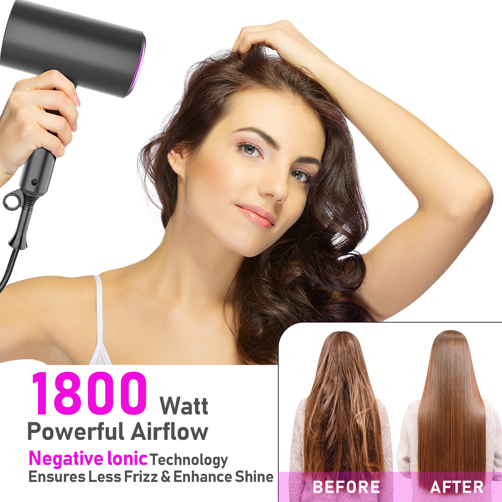 Hair Dryer 1800W Professional Ionic Hair Blow Dryer Powerful Fast Drying Portable for Hair Care Women Man Home Travel Salon Hair Styling