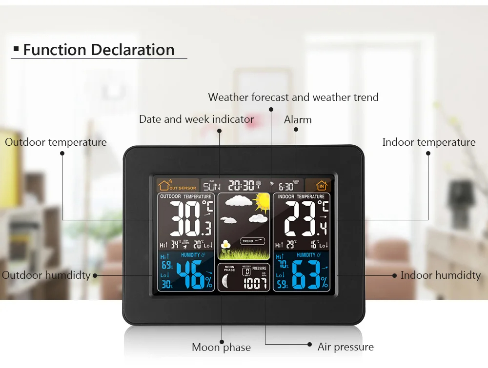 LCD Digital Wireless Weather Station Clock Indoor Outdoor Thermometer Forecast Humidity Calendar Alarm Clock Digital Thermometer Hygrometer Remote Sensor