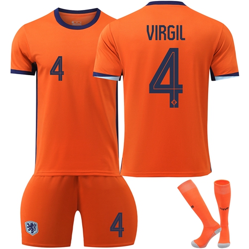 Football Kit Tracksuit for Kids Netherlands Home Kit Euro 2024 with No. 4 Virgil Football Jersey Shirt Soccer Jersey Shirts Shorts Socks Sportwear
