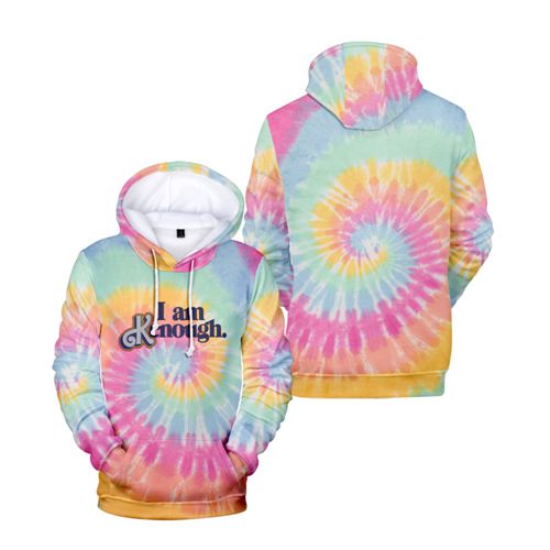 Tie-dye I Am Kenough Funny Saying Hoodie with Pocket Trendy Letter Graphic Print Colourful Long Sleeve Sweatshirt