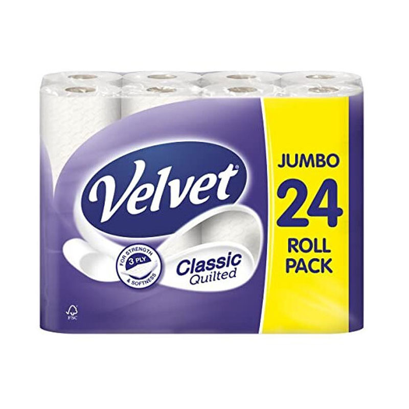 Velvet Classic Quilted Toilet Paper Bulk Buy, 24 White 3 ply Toilet Tissue Rolls, 24 Cou