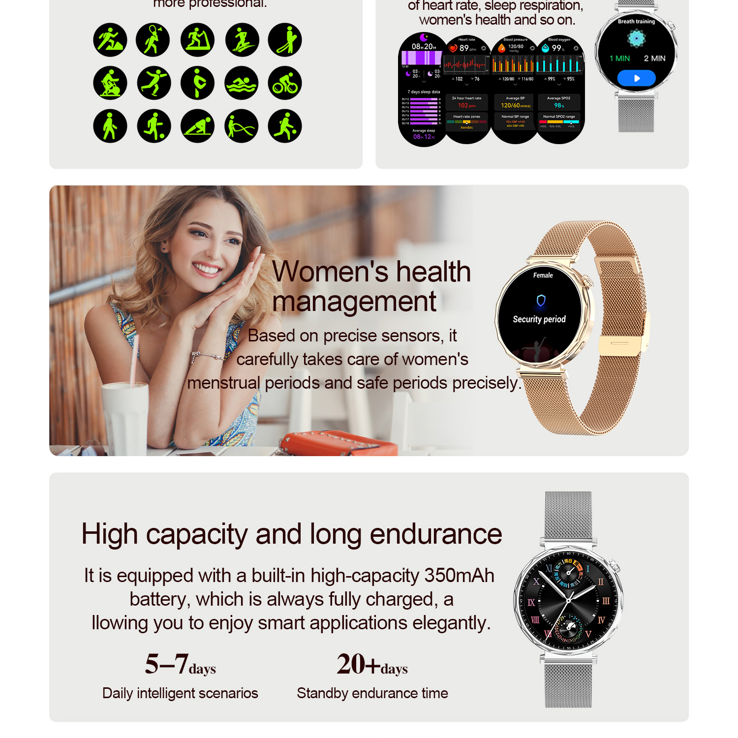 (Silver) Lady Smart Watch Sports Fitness Tracker Health Monitoring Fashion