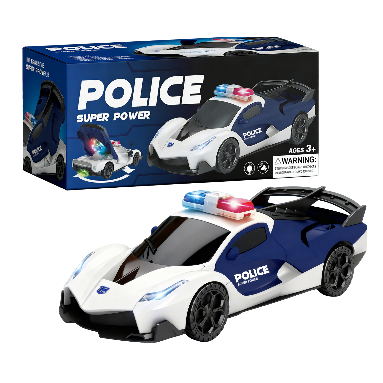 (Red) Transform Vehicle 360° Rotating Police Car Toy Sensory Toys Omnidirectional Driving LED Light Police Car Toy Portable Automatic