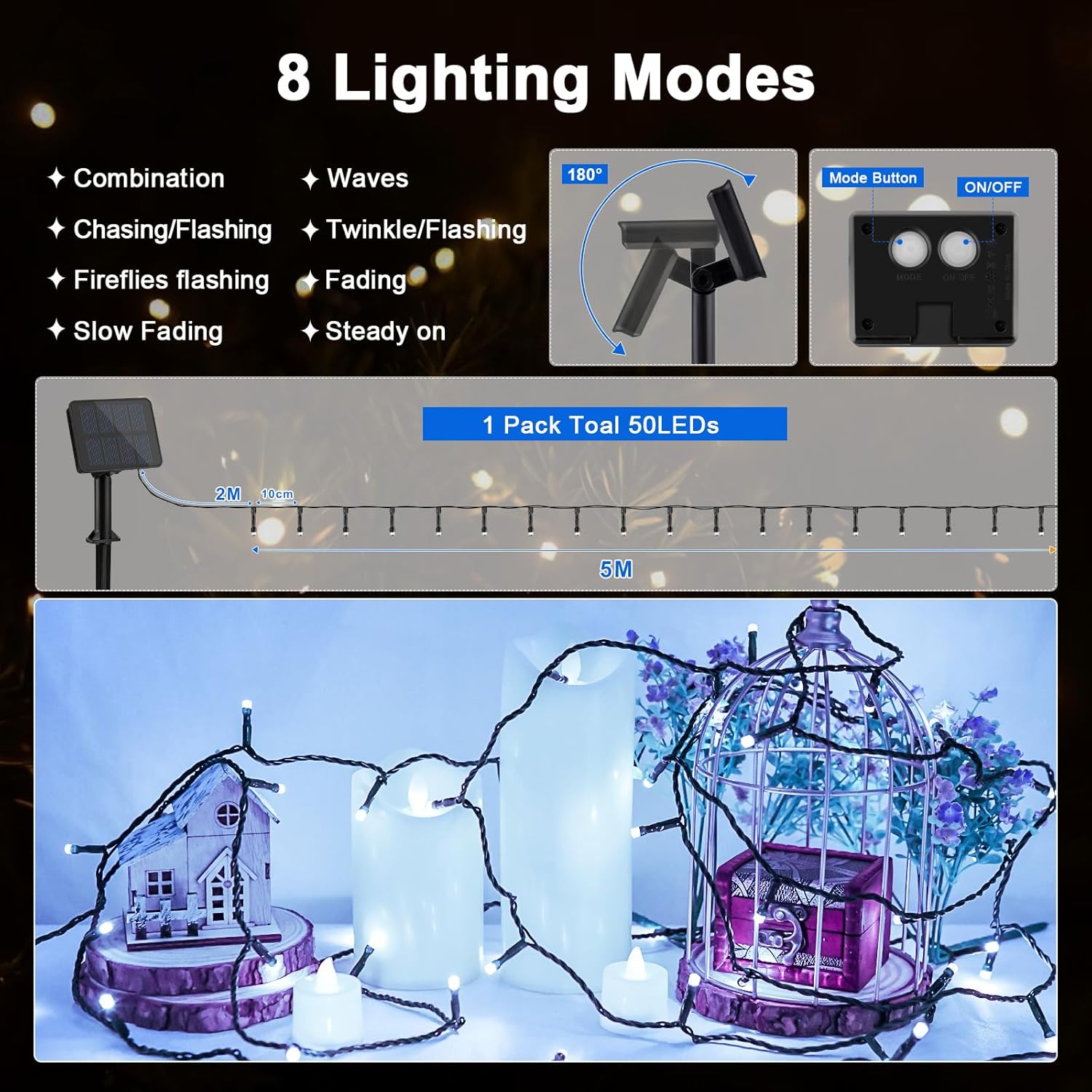 (Warm White) Solar Fairy Lights Outdoor 5M 50 LED Solar Fairy Lights 8 Modes Waterproof String Lights for Garden,Yard,Christmas Tree,Bedroom Indoor/Outside Decorations