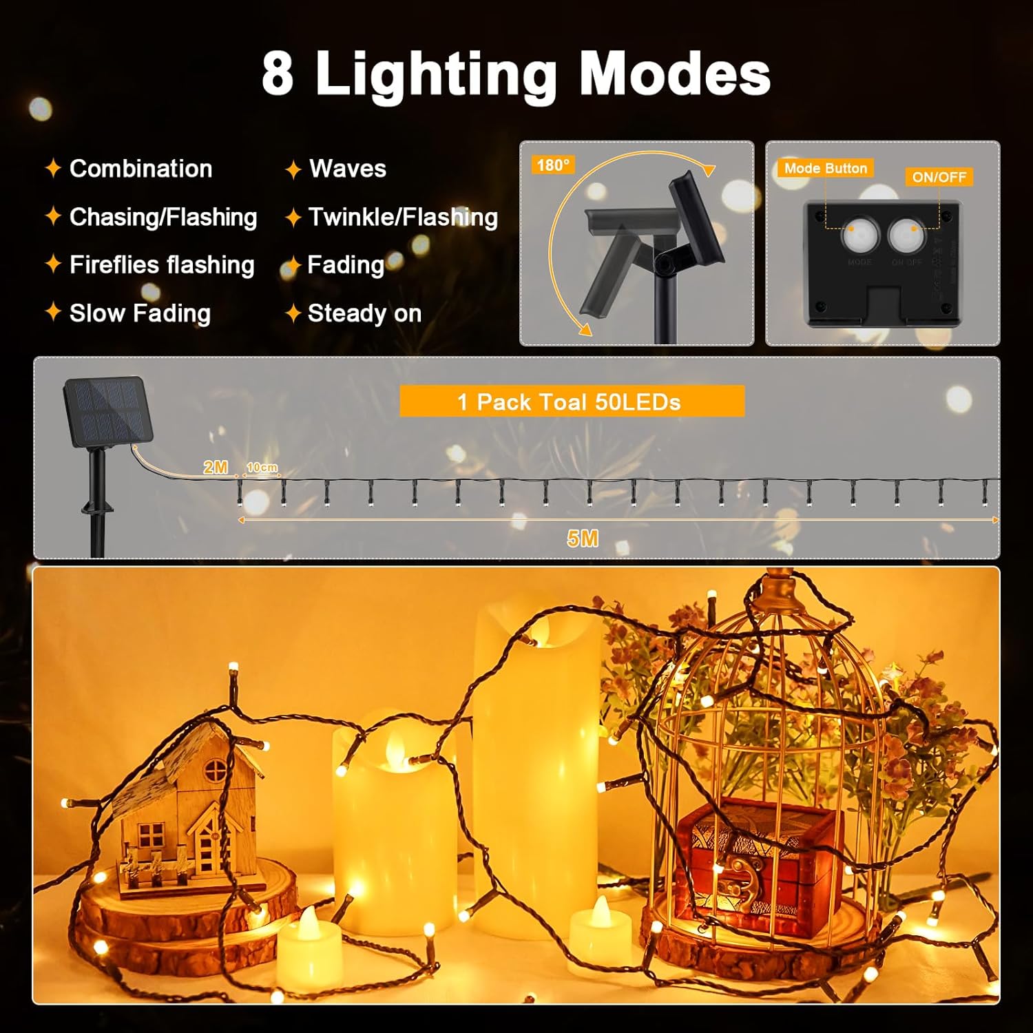 (Warm White) Solar Fairy Lights Outdoor 5M 50 LED Solar Fairy Lights 8 Modes Waterproof String Lights for Garden,Yard,Christmas Tree,Bedroom Indoor/Outside Decorations