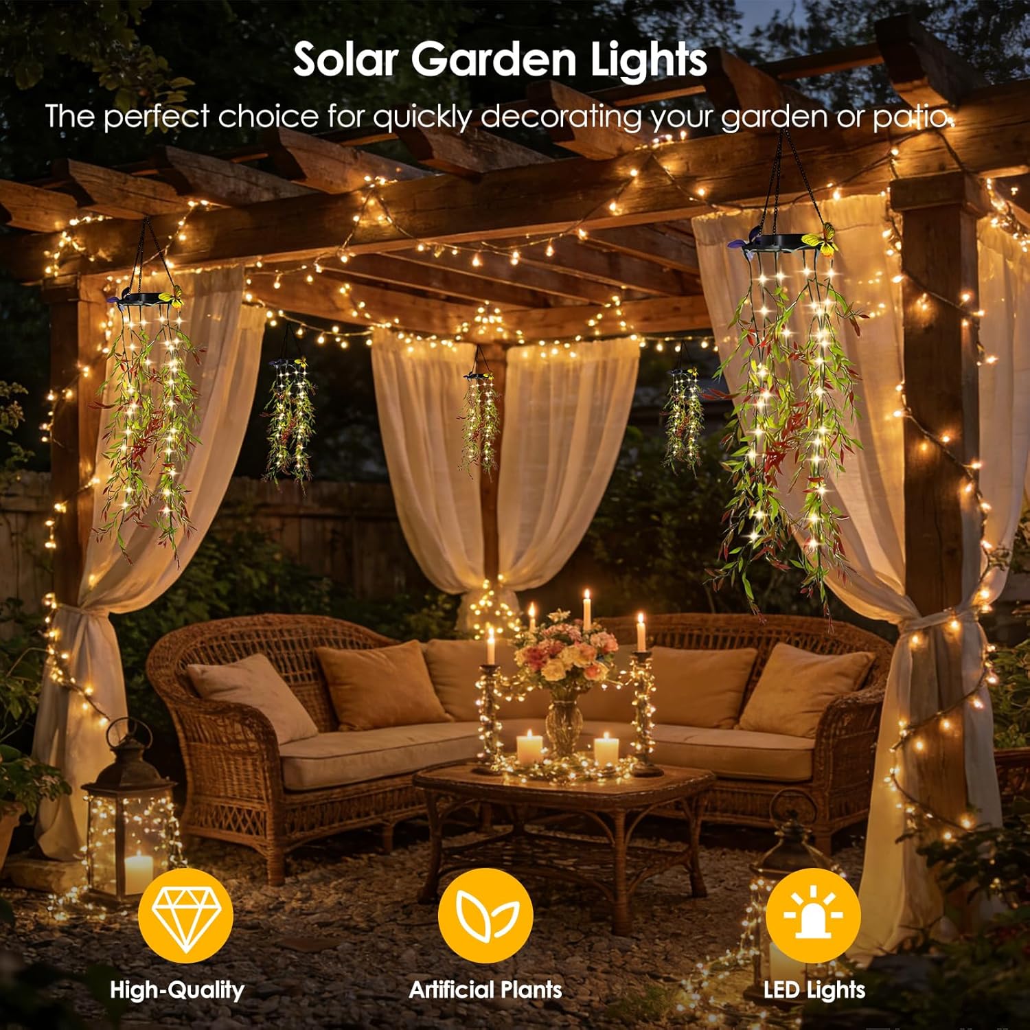 (Butterfly Vine) Solar Hanging Garden Lights 2 Pack Artificial Butterfly Flower LED Fairy String Lights Solar String Garden Lights Hanging Fake Plants Willow Leaf Ornaments 