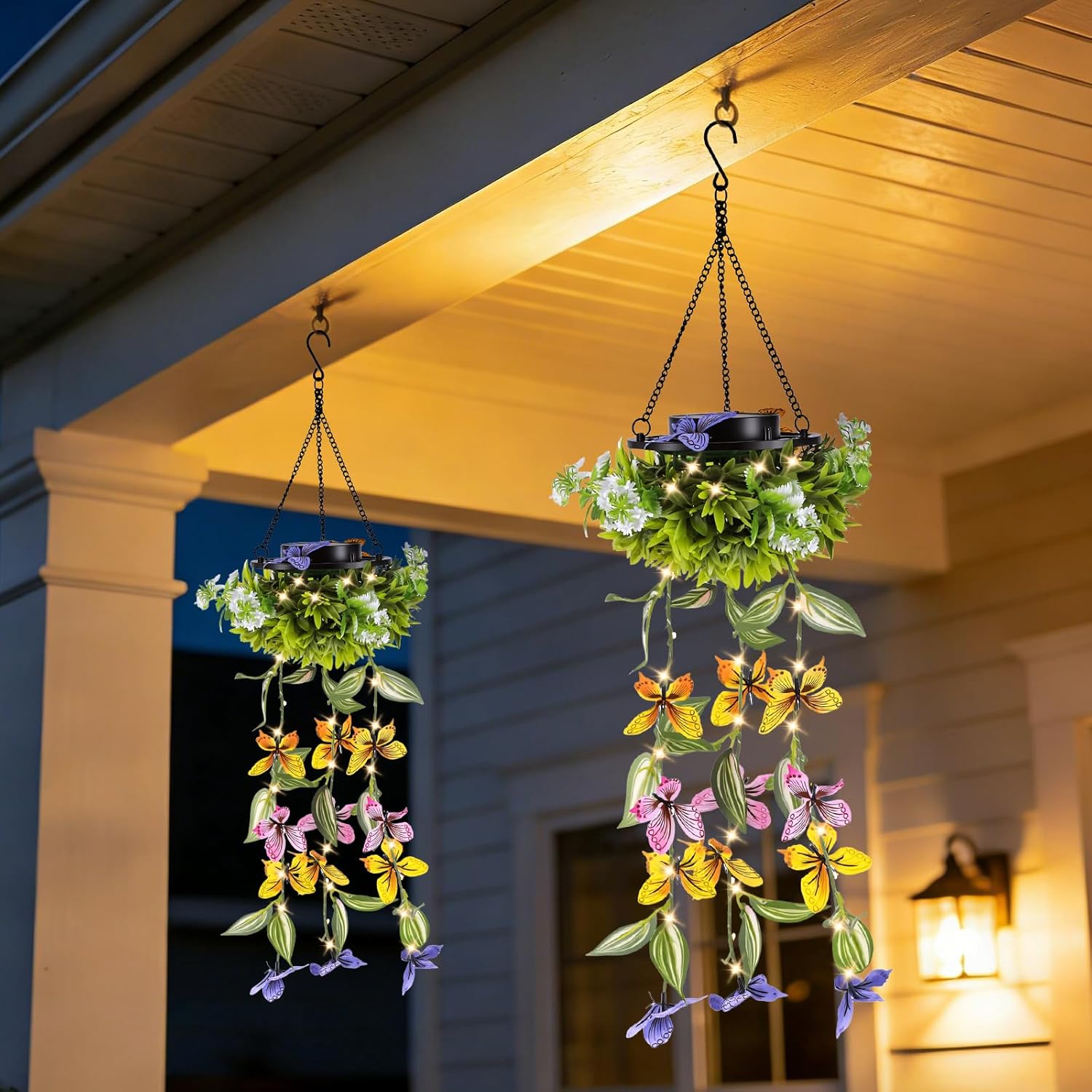 (Butterfly Vine) Solar Hanging Garden Lights 2 Pack Artificial Butterfly Flower LED Fairy String Lights Solar String Garden Lights Hanging Fake Plants Willow Leaf Ornaments 
