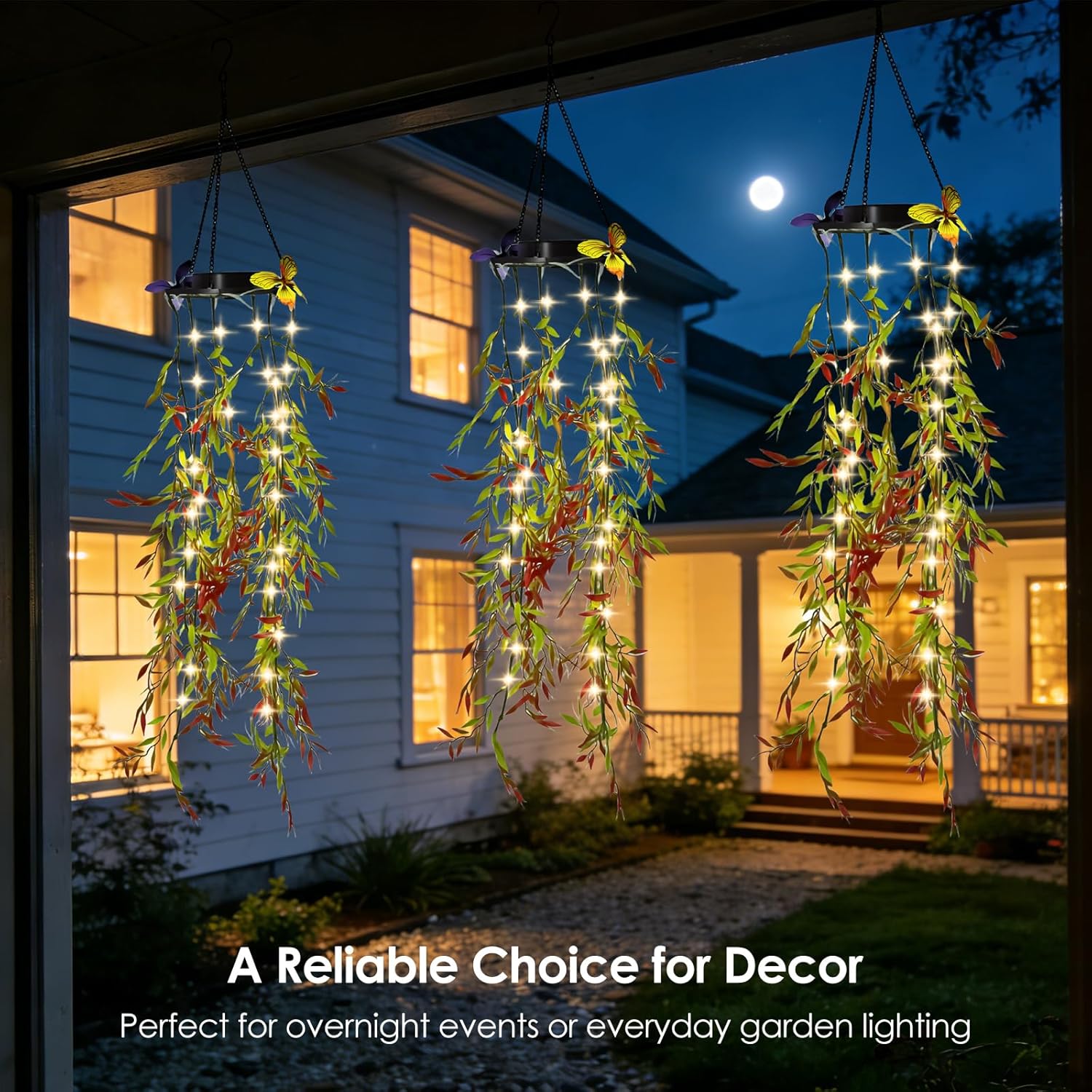 (Butterfly Vine) Solar Hanging Garden Lights 2 Pack Artificial Butterfly Flower LED Fairy String Lights Solar String Garden Lights Hanging Fake Plants Willow Leaf Ornaments 