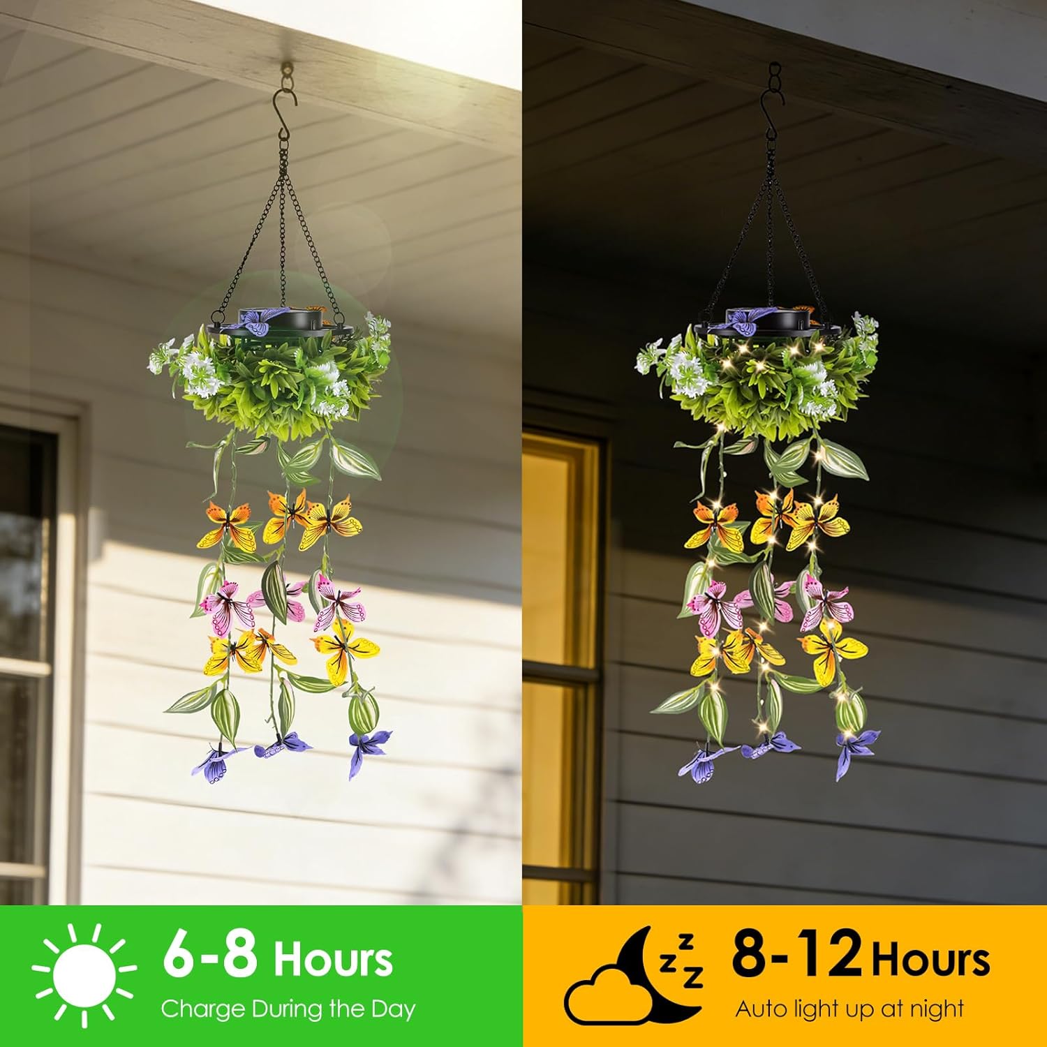 (Butterfly Vine) Solar Hanging Garden Lights 2 Pack Artificial Butterfly Flower LED Fairy String Lights Solar String Garden Lights Hanging Fake Plants Willow Leaf Ornaments 