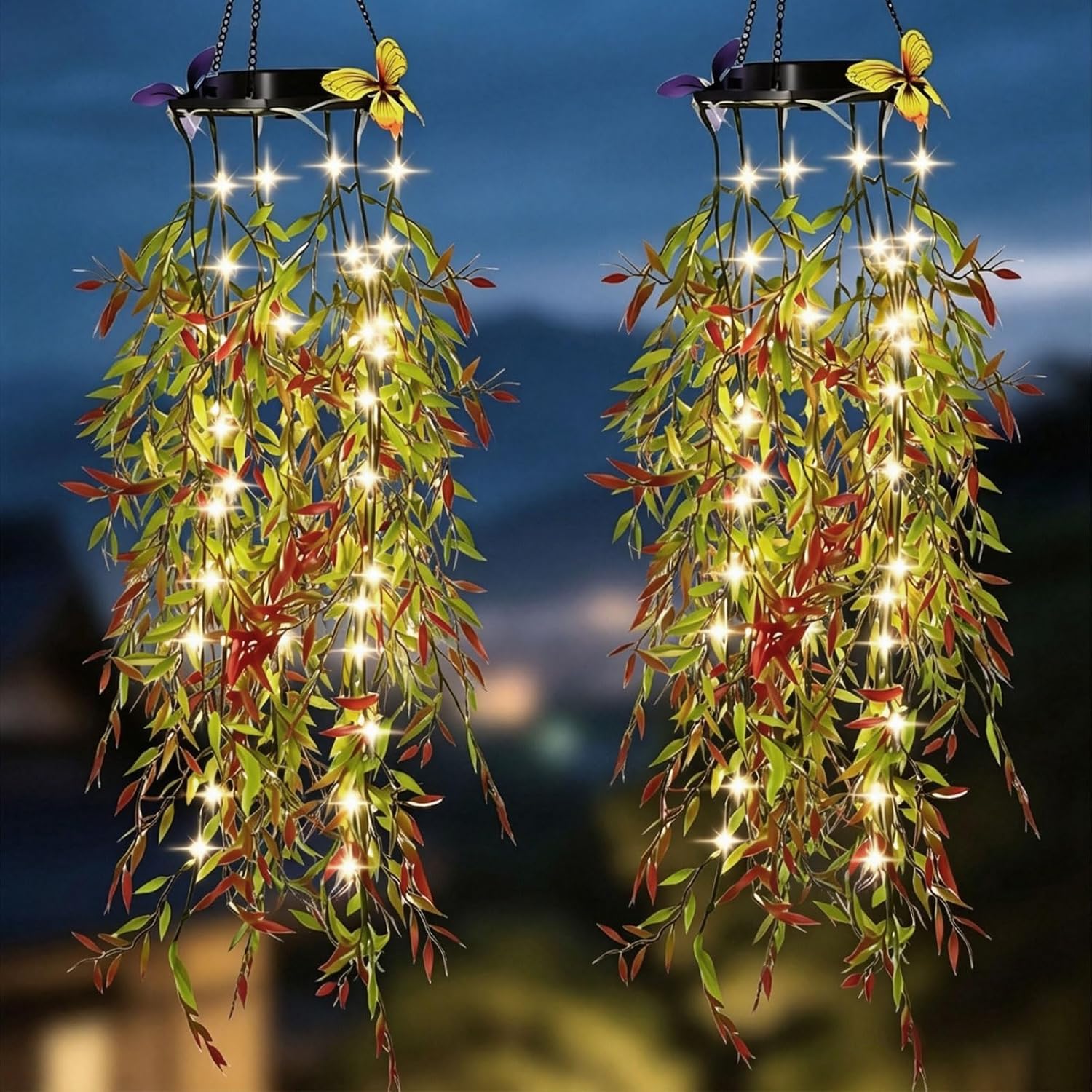 (Butterfly Vine) Solar Hanging Garden Lights 2 Pack Artificial Butterfly Flower LED Fairy String Lights Solar String Garden Lights Hanging Fake Plants Willow Leaf Ornaments 