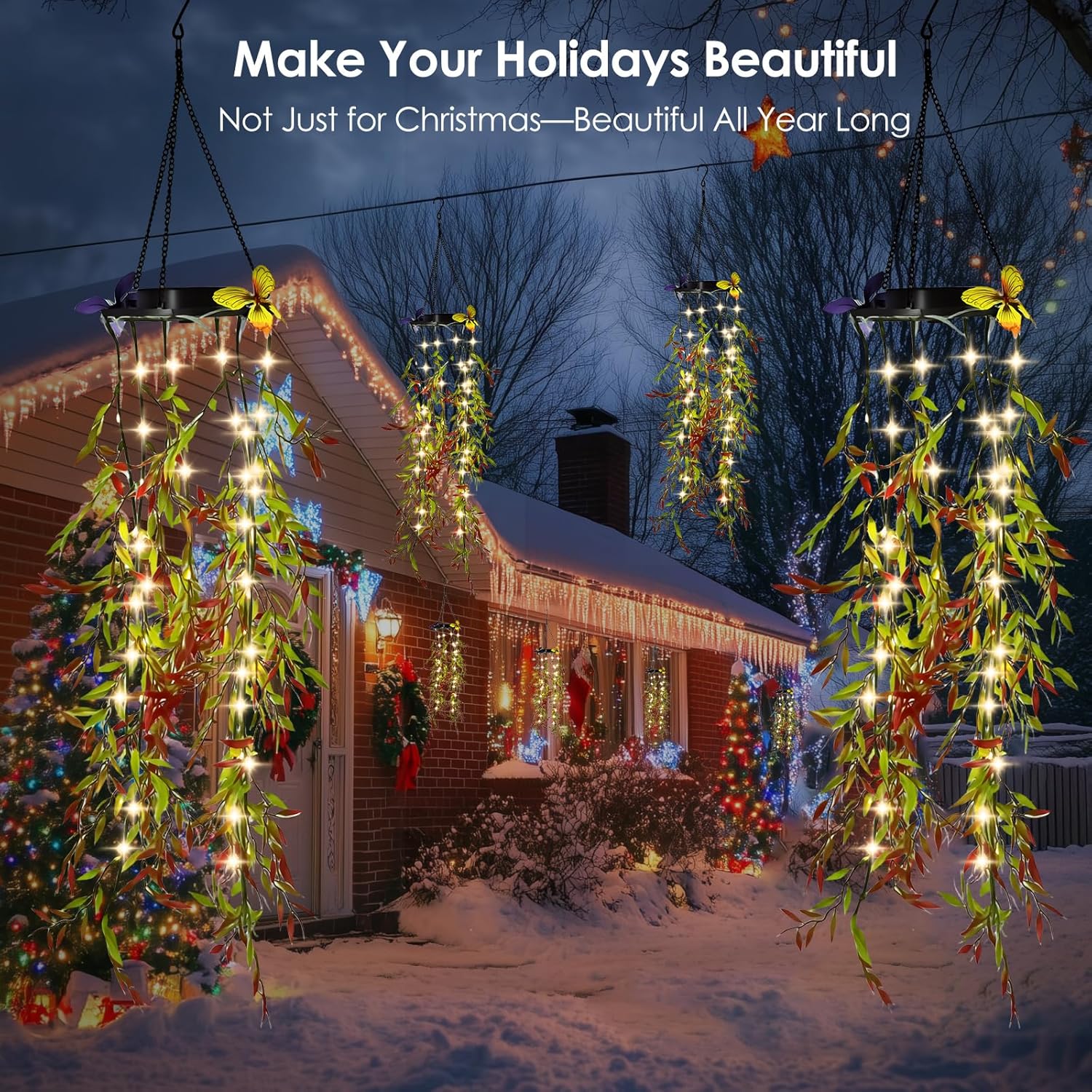 (Butterfly Vine) Solar Hanging Garden Lights 2 Pack Artificial Butterfly Flower LED Fairy String Lights Solar String Garden Lights Hanging Fake Plants Willow Leaf Ornaments 