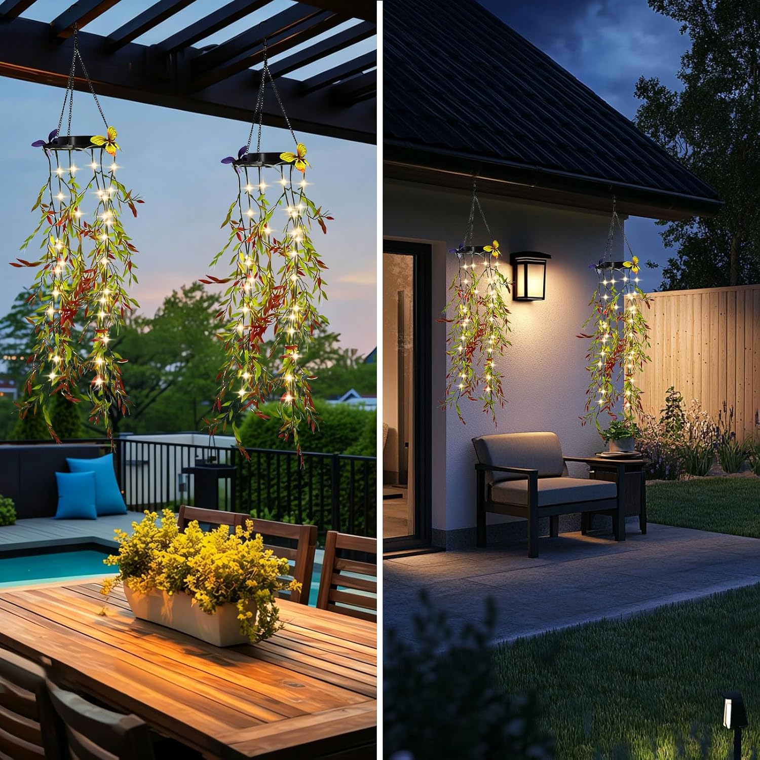 (Butterfly Vine) Solar Hanging Garden Lights 2 Pack Artificial Butterfly Flower LED Fairy String Lights Solar String Garden Lights Hanging Fake Plants Willow Leaf Ornaments 
