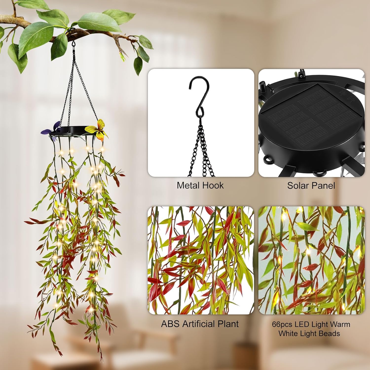 (Butterfly Vine) Solar Hanging Garden Lights 2 Pack Artificial Butterfly Flower LED Fairy String Lights Solar String Garden Lights Hanging Fake Plants Willow Leaf Ornaments 