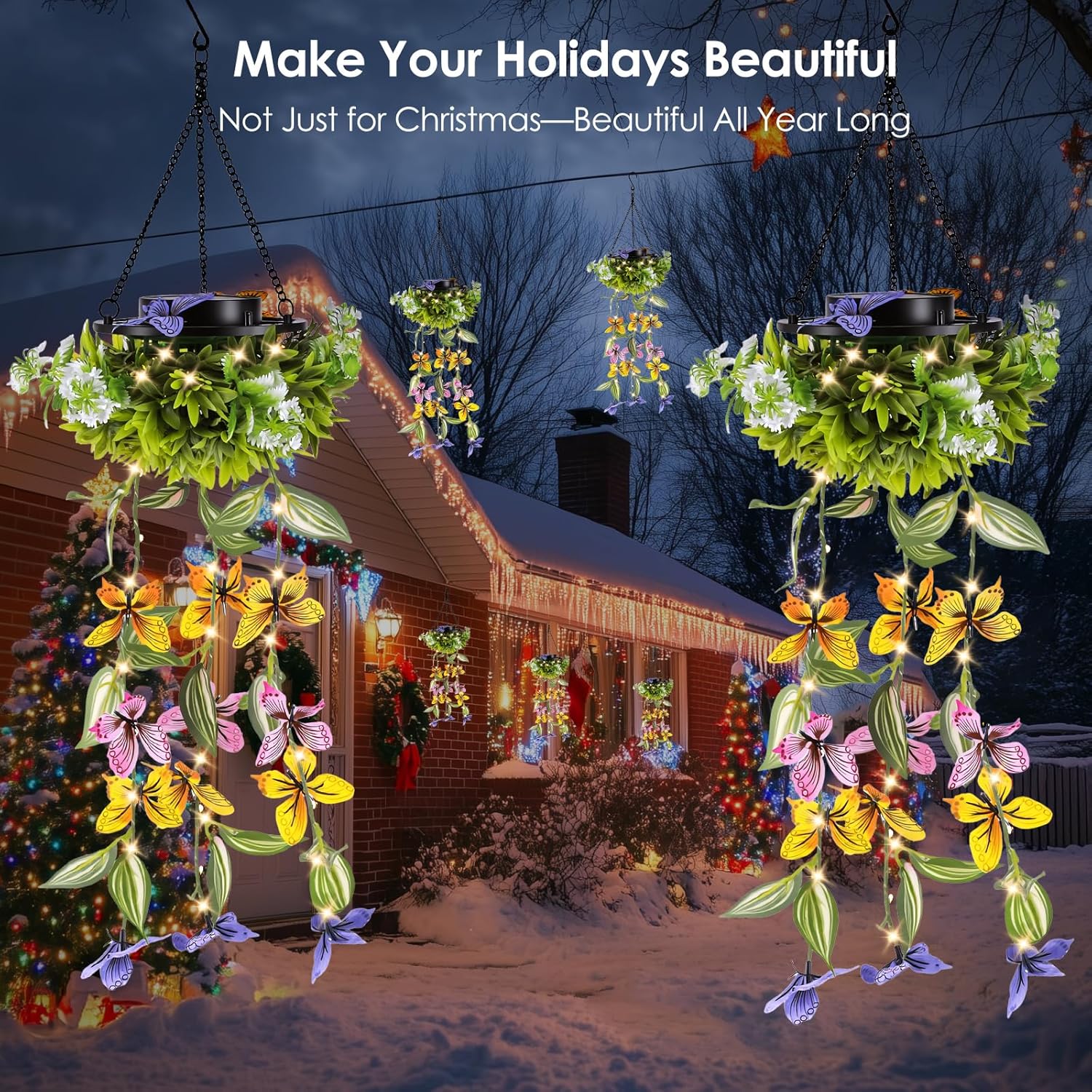 (Butterfly Vine) Solar Hanging Garden Lights 2 Pack Artificial Butterfly Flower LED Fairy String Lights Solar String Garden Lights Hanging Fake Plants Willow Leaf Ornaments 