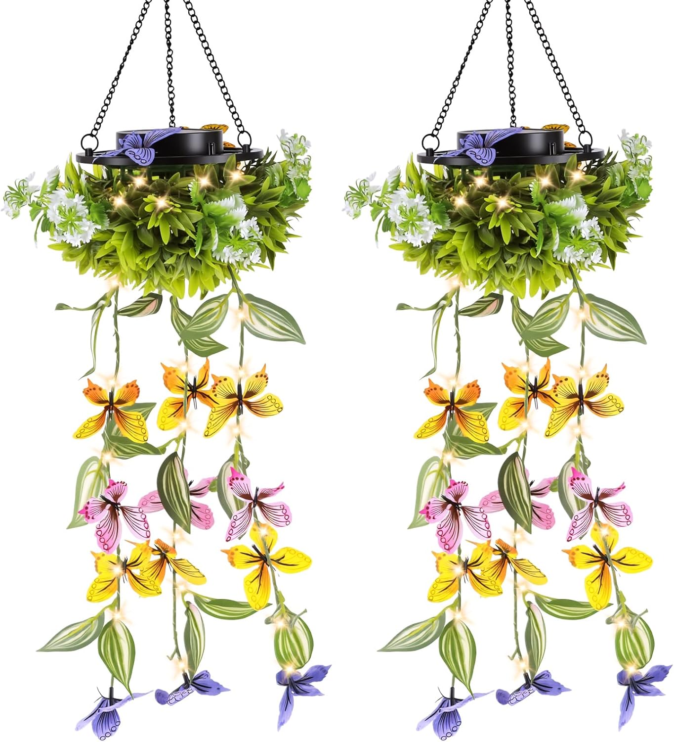 (Butterfly Vine) Solar Hanging Garden Lights 2 Pack Artificial Butterfly Flower LED Fairy String Lights Solar String Garden Lights Hanging Fake Plants Willow Leaf Ornaments 