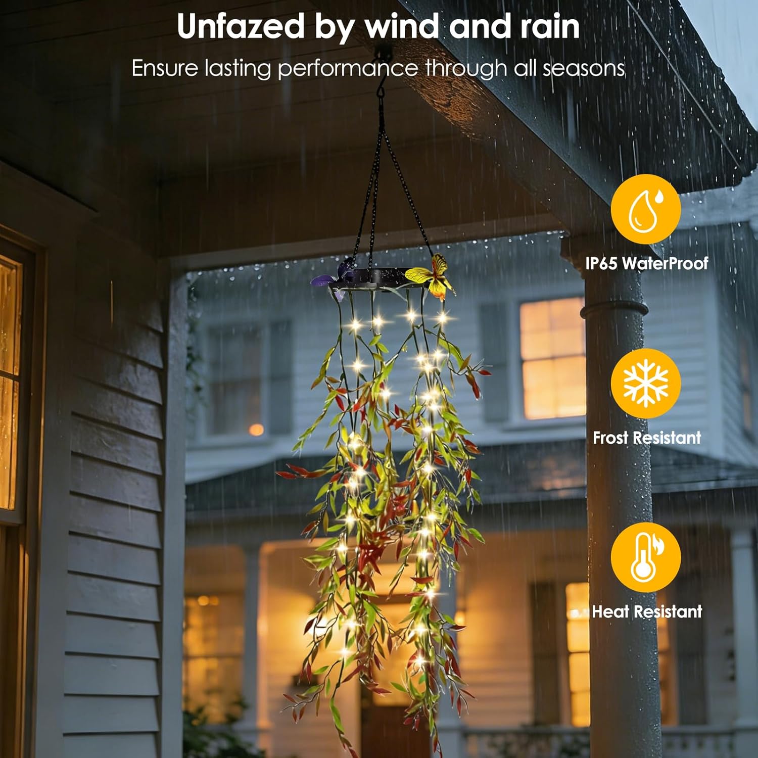 (Butterfly Vine) Solar Hanging Garden Lights 2 Pack Artificial Butterfly Flower LED Fairy String Lights Solar String Garden Lights Hanging Fake Plants Willow Leaf Ornaments 