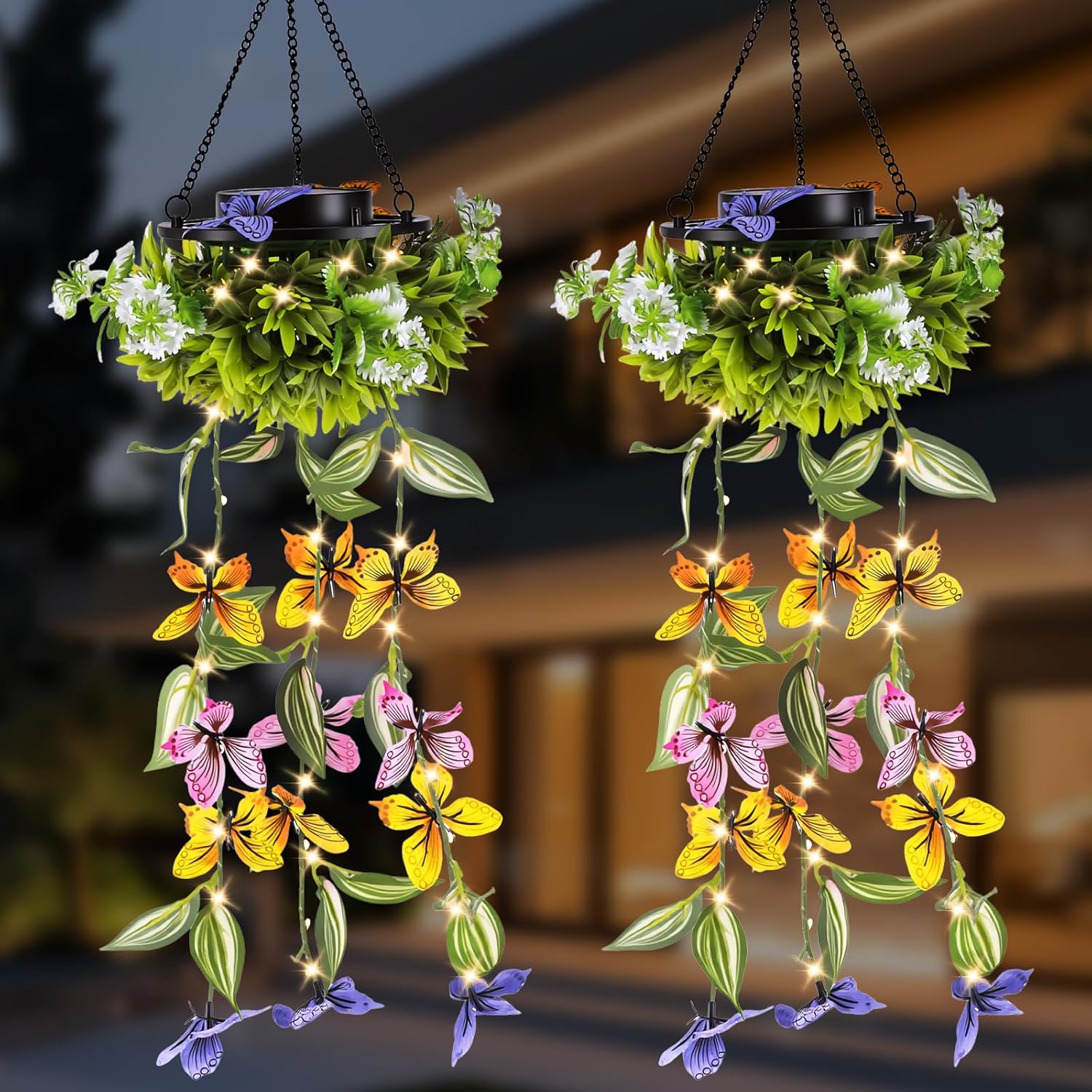 (Butterfly Vine) Solar Hanging Garden Lights 2 Pack Artificial Butterfly Flower LED Fairy String Lights Solar String Garden Lights Hanging Fake Plants Willow Leaf Ornaments 