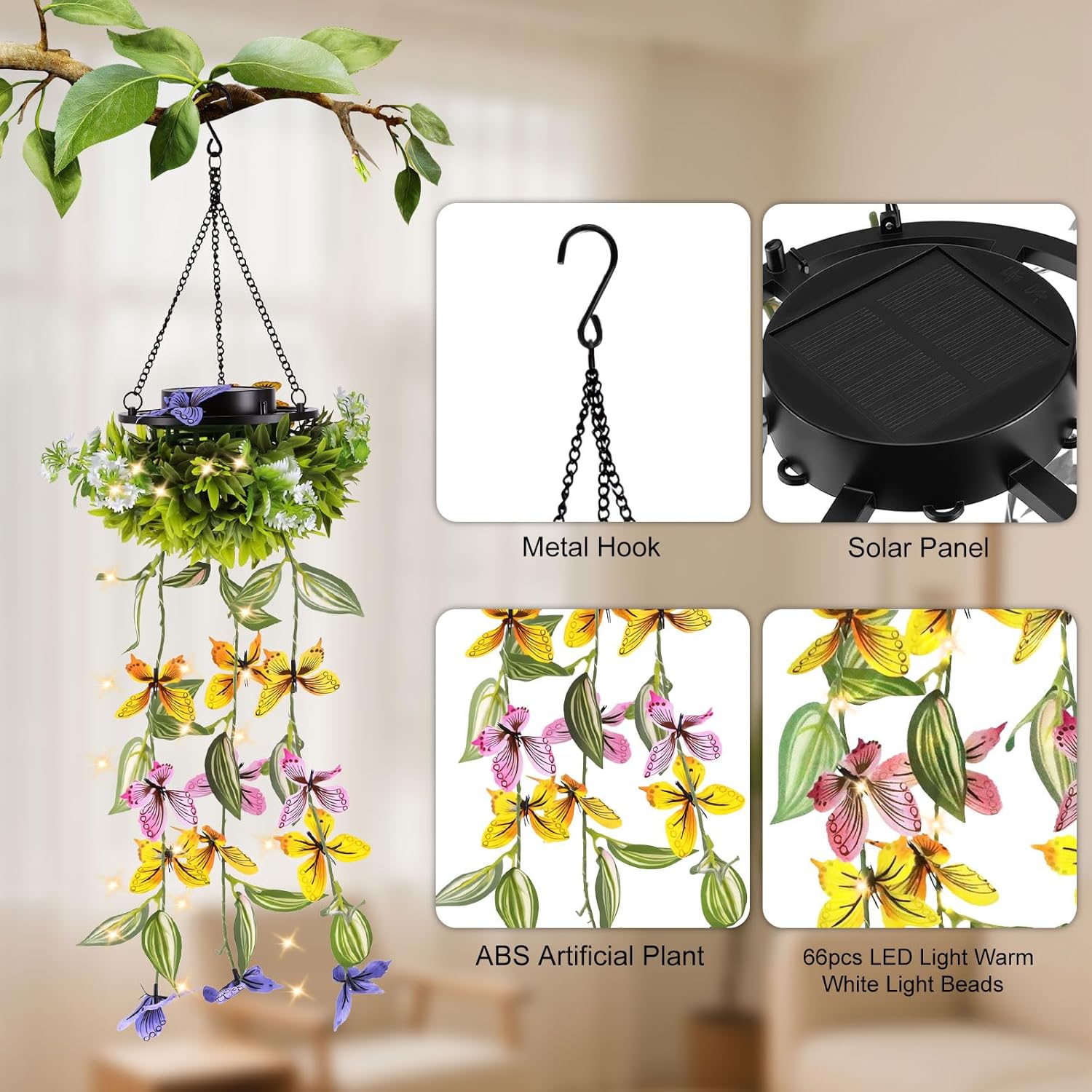 (Butterfly Vine) Solar Hanging Garden Lights 2 Pack Artificial Butterfly Flower LED Fairy String Lights Solar String Garden Lights Hanging Fake Plants Willow Leaf Ornaments 