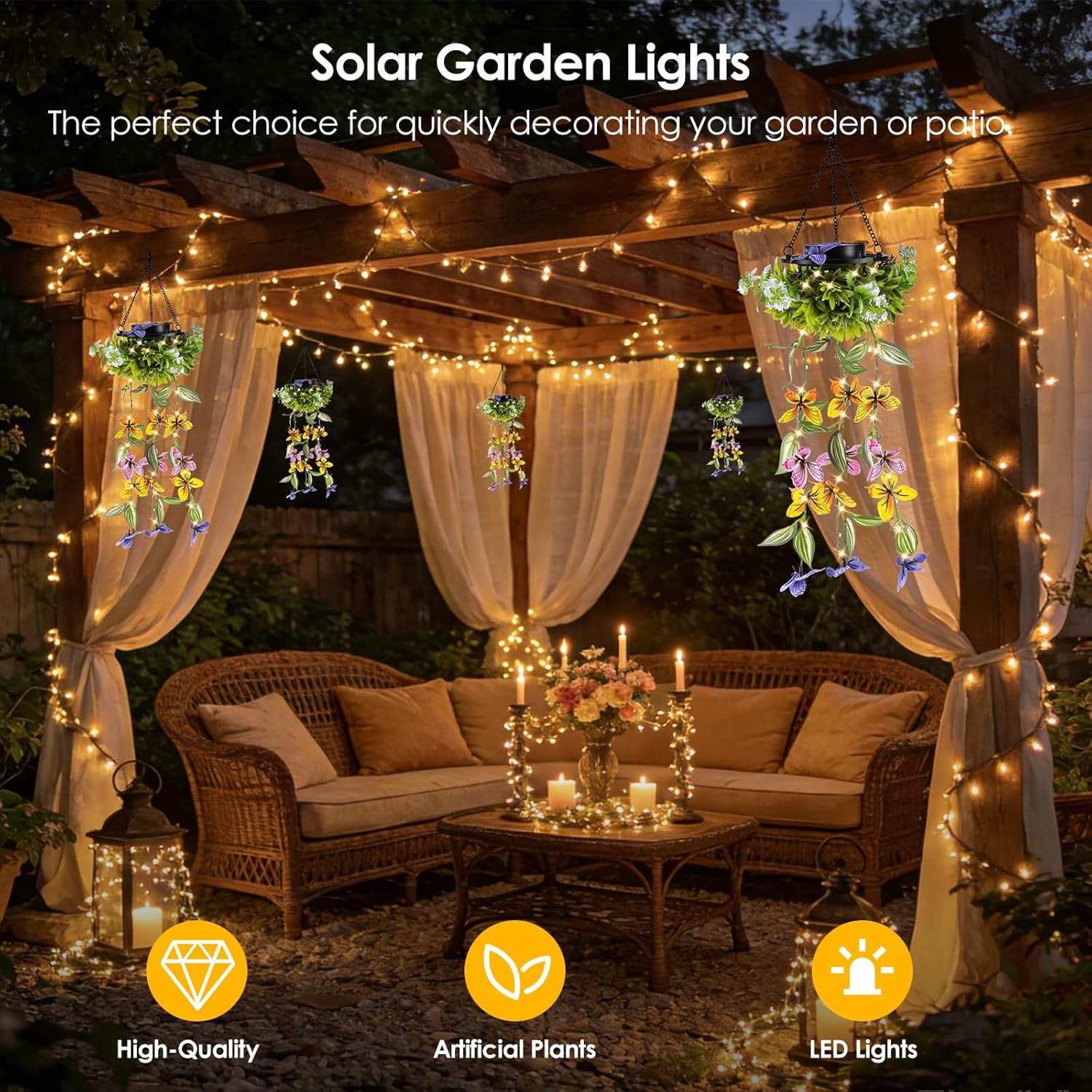 (Butterfly Vine) Solar Hanging Garden Lights 2 Pack Artificial Butterfly Flower LED Fairy String Lights Solar String Garden Lights Hanging Fake Plants Willow Leaf Ornaments 