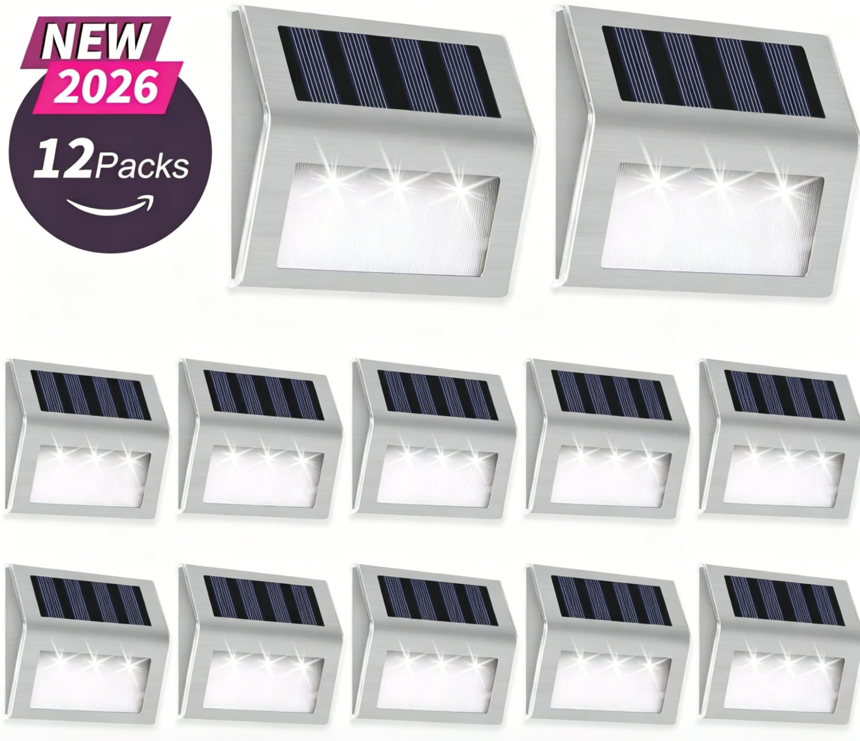 Solar Deck Lights 3 LED Solar Step Lights Outdoor Auto On/Off White 12 Pack