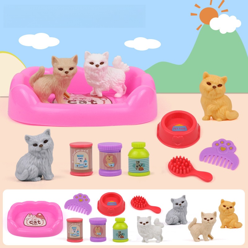 (cat 11pcs) Pretend Play Toy Fashion Mini Pets Cat Dog House Kennel Bathtub For Children Play House Toy Accessories Kids Best Gift