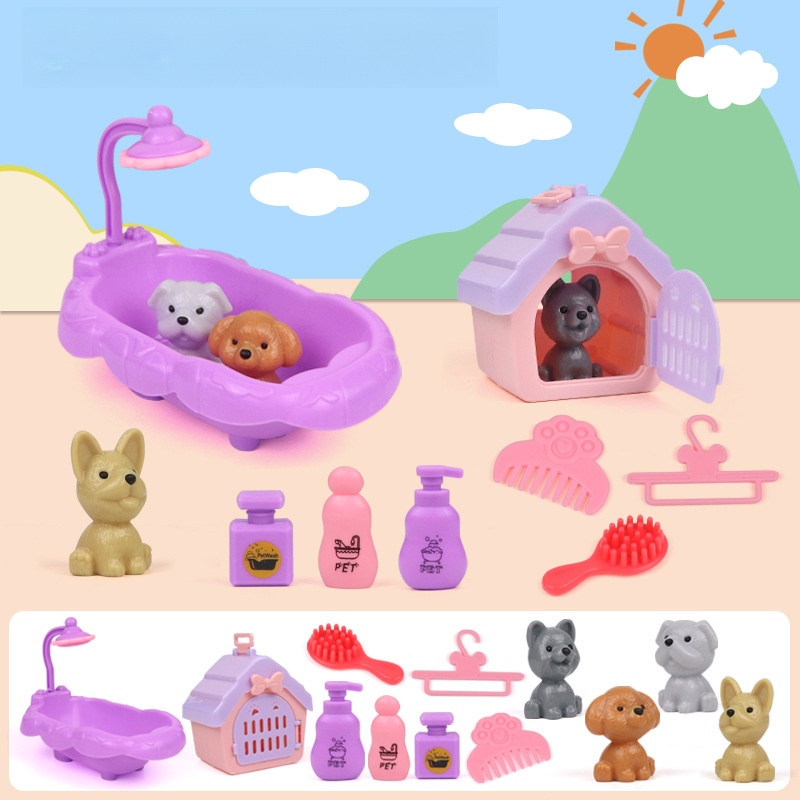 (cat 11pcs) Pretend Play Toy Fashion Mini Pets Cat Dog House Kennel Bathtub For Children Play House Toy Accessories Kids Best Gift