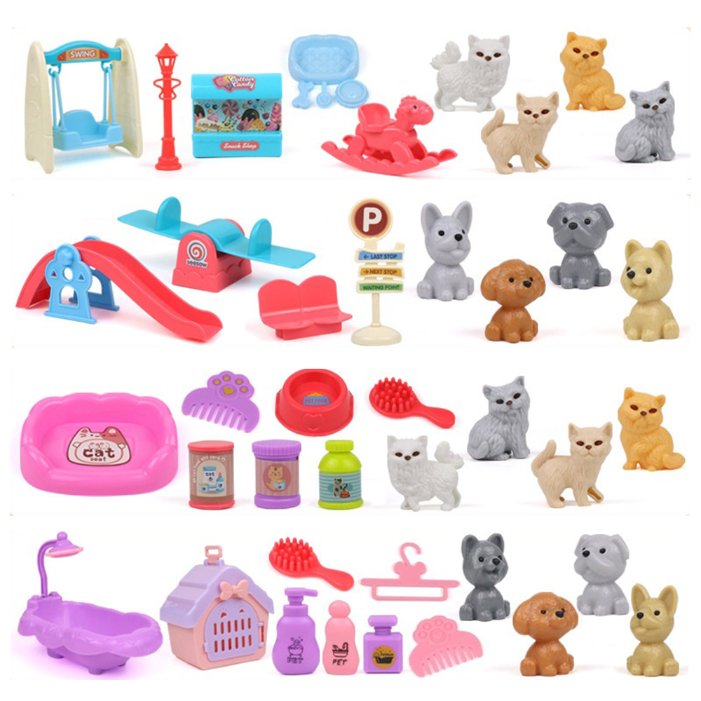 (cat 11pcs) Pretend Play Toy Fashion Mini Pets Cat Dog House Kennel Bathtub For Children Play House Toy Accessories Kids Best Gift