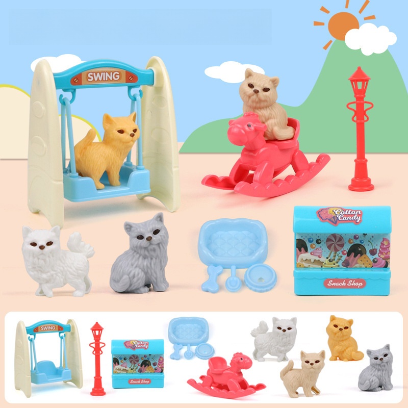 (cat 11pcs) Pretend Play Toy Fashion Mini Pets Cat Dog House Kennel Bathtub For Children Play House Toy Accessories Kids Best Gift