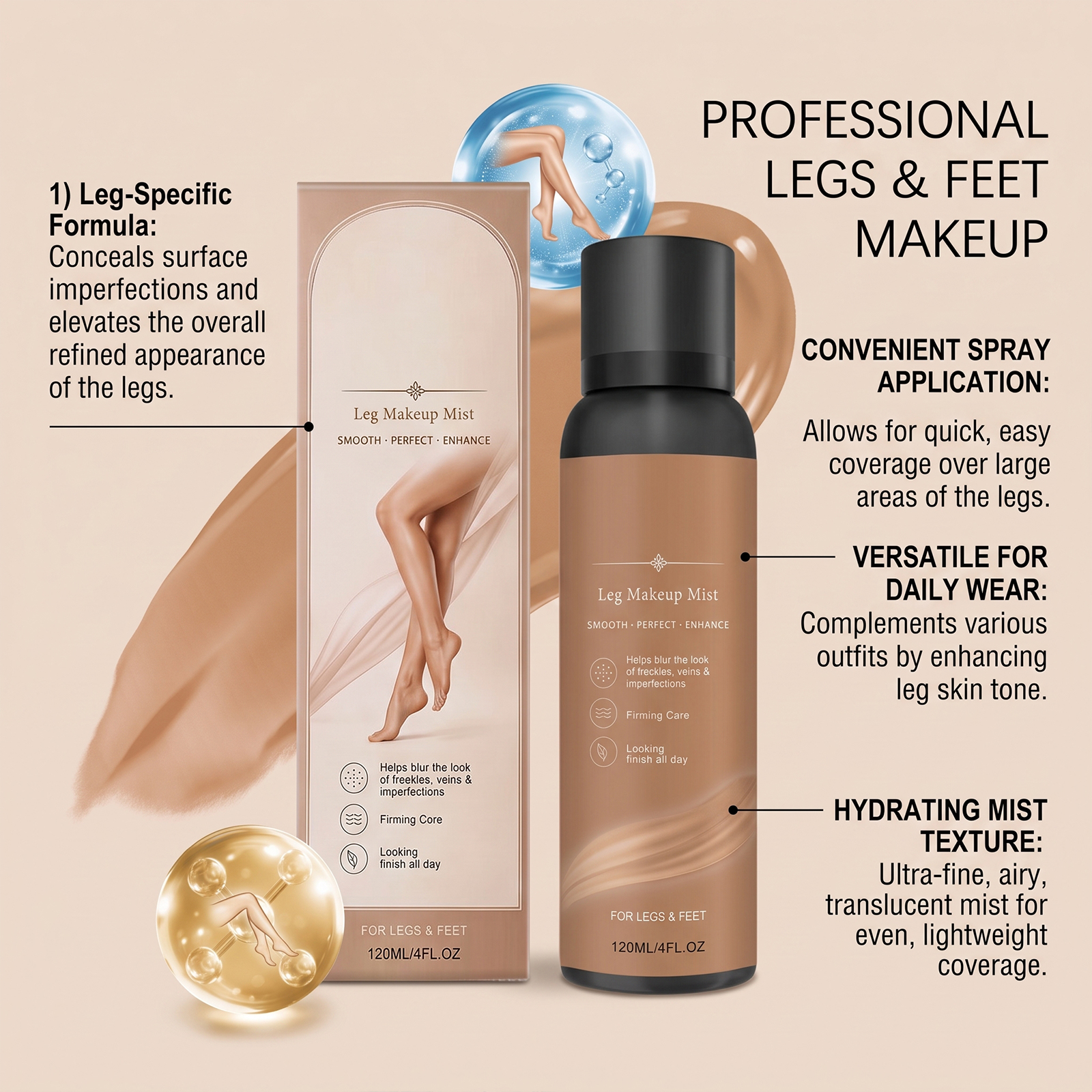 Leg Concealer Moisturizing Spray Balances Softens Skin Tone Hydrates Delicate Lightweight All Day Long Lasting Makeup Effect