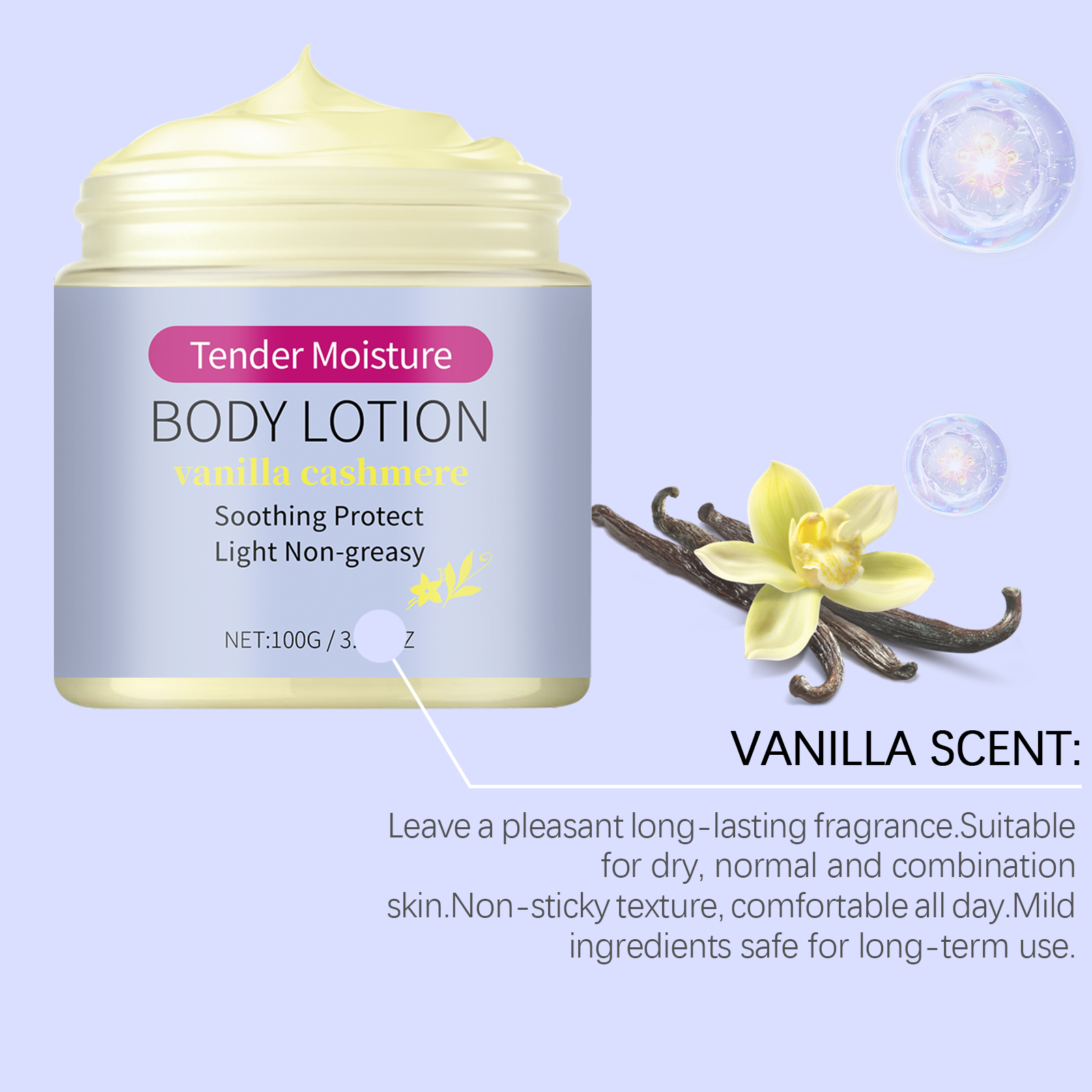 Vanilla Moisturizing Body Lotion Soft Tender Care Refreshing Hydrating Non Sticky Mild Water Replenish Skin