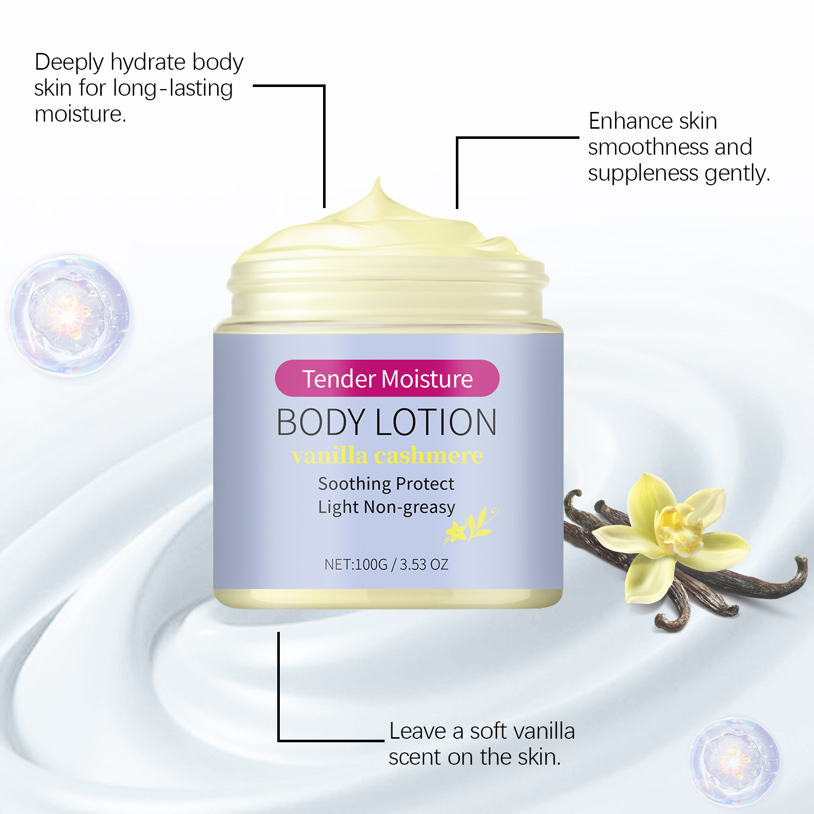 Vanilla Moisturizing Body Lotion Soft Tender Care Refreshing Hydrating Non Sticky Mild Water Replenish Skin