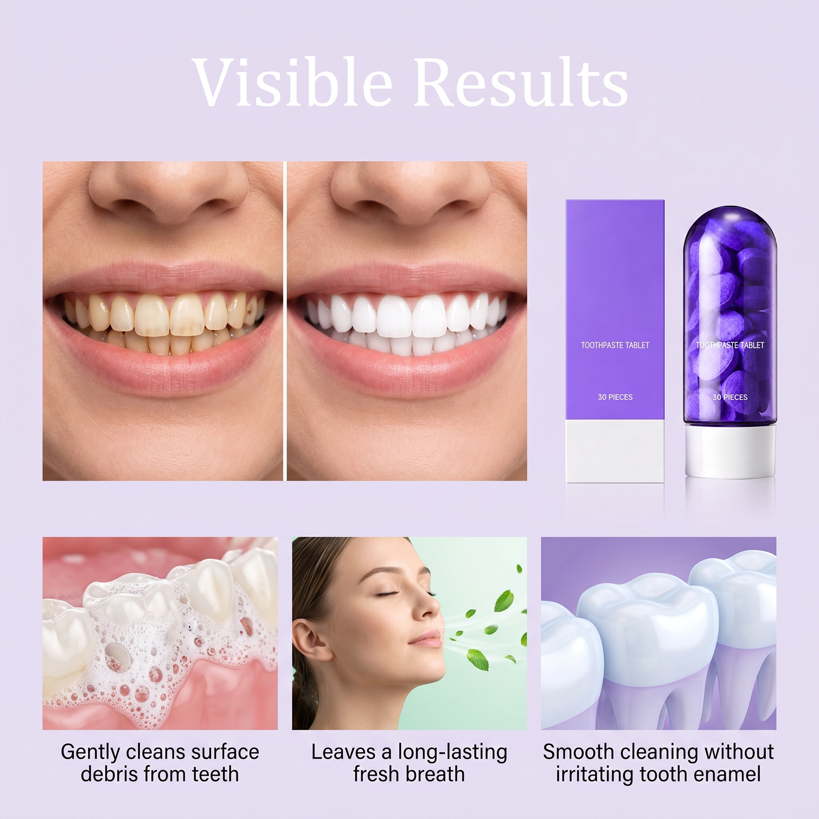 Purple Tooth Tablets Mint Fresh Cleans Teeth Daily Comfort Care Clean Protect Gums