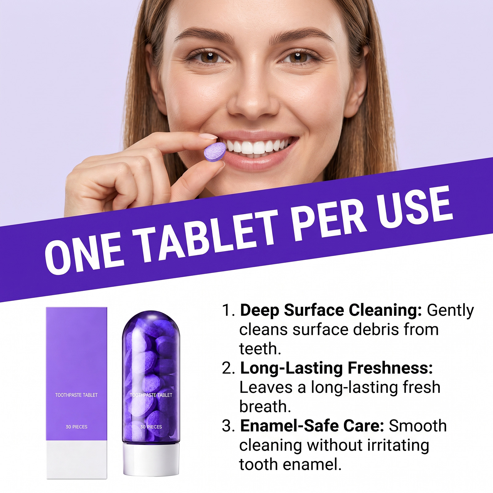 Purple Tooth Tablets Mint Fresh Cleans Teeth Daily Comfort Care Clean Protect Gums