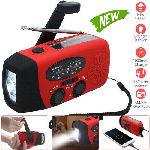 Red Hand Crank Solar Emergency Radio with AM/FM/WB NOAA USB Charger 3-LED Flashlight - Power Bank Compact Self-Powered